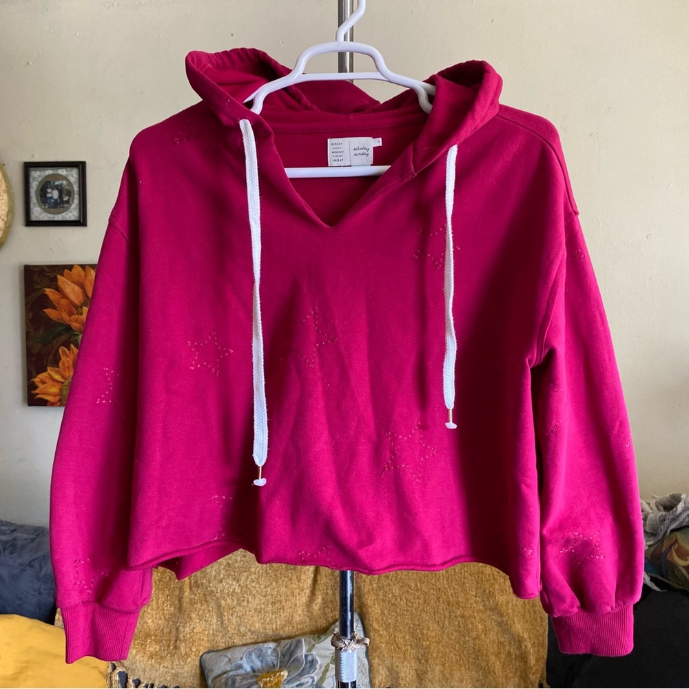 Anthropologie saturday sunday Cropped Star Embroidered Hoodie Pink Size M